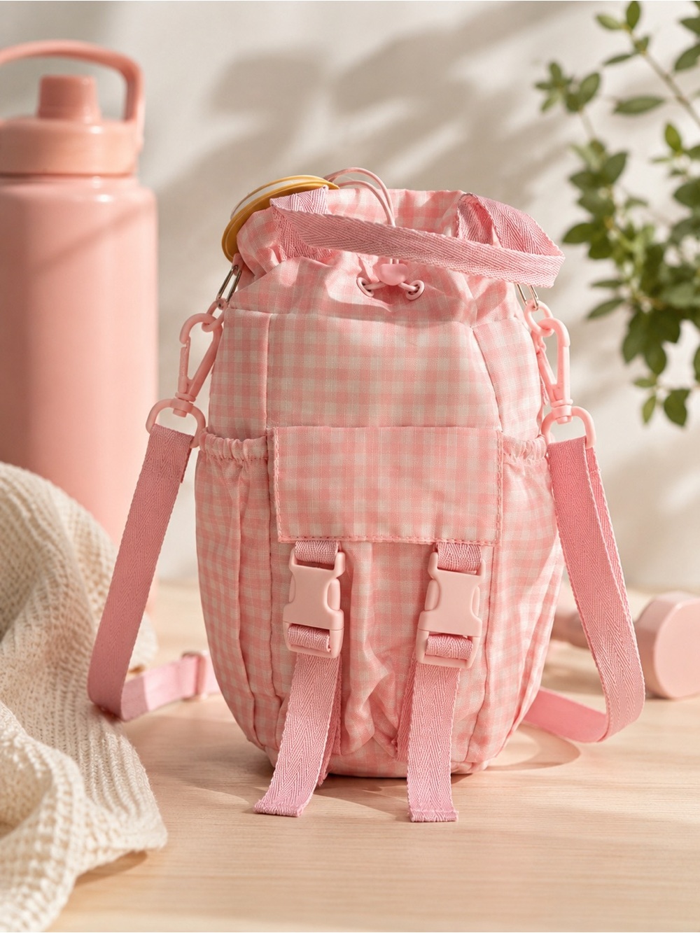 Blogilates Pink Gingham Water Bottle Sling Bag Insulated Crossbody NWT